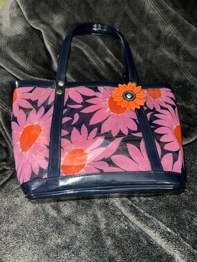 Vera Bradley Navy Floral Tote Bag with Pink & Orange Daisy Print